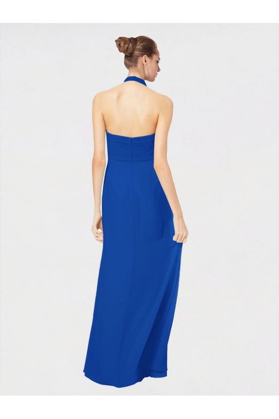 Compre Azul real línea A Halter Gasa Largo Vestidos de dama de honor