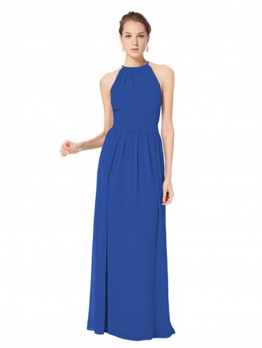 Compre Azul real línea A Halter Gasa Largo Vestidos de dama de honor