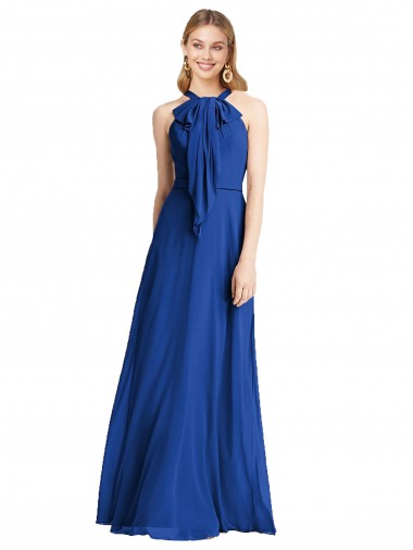 Compre Azul real línea A Halter Gasa Largo Vestidos de dama de honor