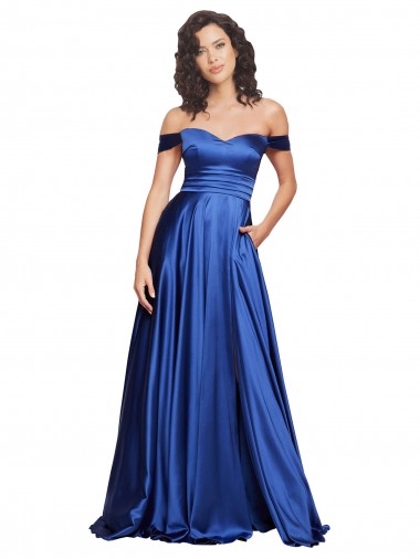 Compre Azul real línea A Hombros Descubiertos Barrer tren Satén elástico Largo Formales Vestidos de dama de honor / Vestidos de fiesta