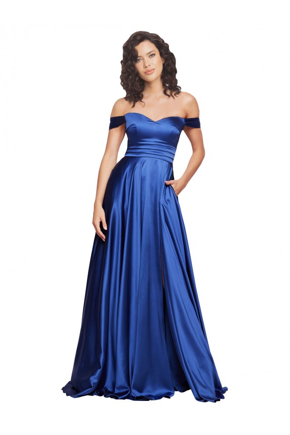 Compre Azul real línea A Hombros Descubiertos Barrer tren Satén elástico Largo Formales Vestidos de dama de honor / Vestidos de fiesta