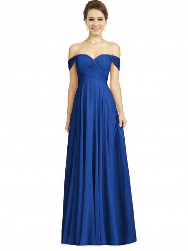 Compre Azul real línea A Hombros Descubiertos Gasa Largo Vestidos de dama de honor