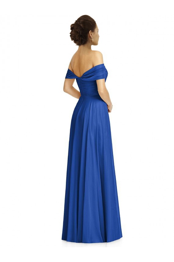 Compre Azul real línea A Hombros Descubiertos Gasa Largo Vestidos de dama de honor