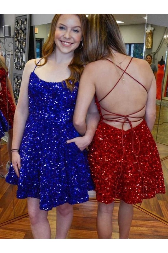 Compre Azul real línea A Tirantes espagueti Corto Lentejuelas Terciopelo Corto Vestidos de fiesta