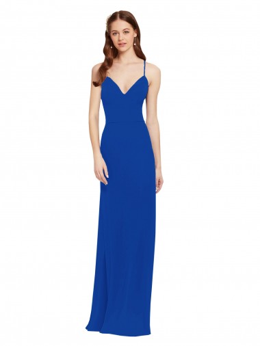 Compre Azul real línea A Tirantes espagueti Cuello en V Gasa Largo Vestidos de dama de honor