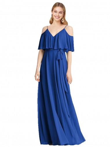 Compre Azul real línea A Tirantes espagueti Cuello en V Gasa Largo Vestidos de dama de honor