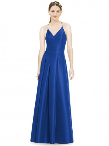 Compre Azul real línea A Tirantes espagueti Cuello en V Satén Largo Vestidos de dama de honor
