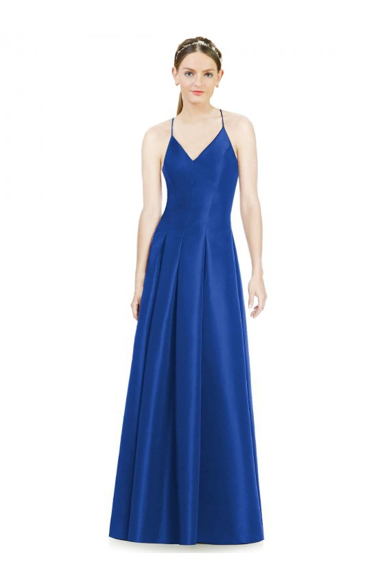 Compre Azul real línea A Tirantes espagueti Cuello en V Satén Largo Vestidos de dama de honor