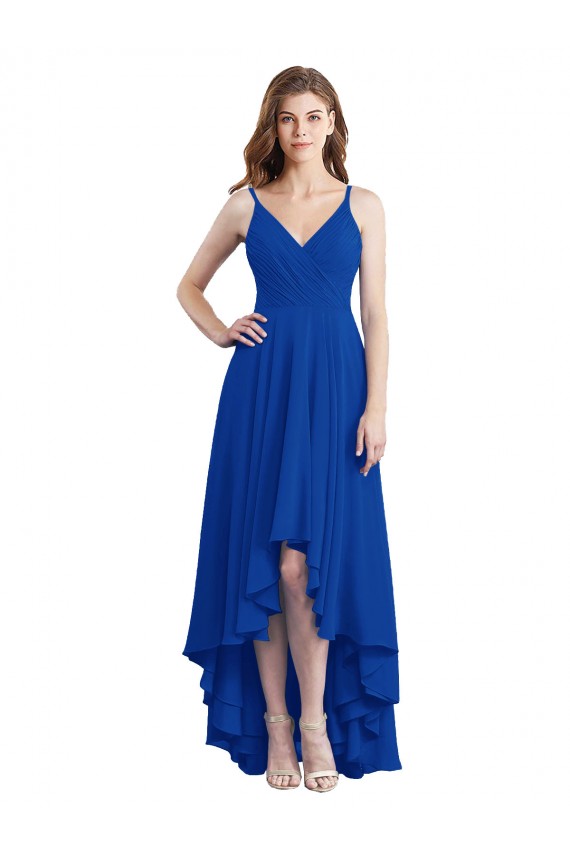 Compre Azul real línea A Tirantes espagueti Gasa Largo Asimétrico Vestidos de dama de honor