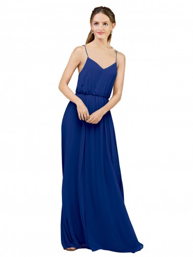 Compre Azul real línea A Tirantes espagueti Gasa Largo Vestidos de dama de honor