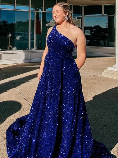 Compre Azul real línea A Un Hombre Barrer tren Lentejuelas Terciopelo Largo Vestidos de fiesta