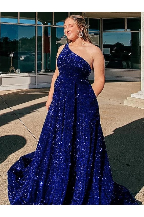 Compre Azul real línea A Un Hombre Barrer tren Lentejuelas Terciopelo Largo Vestidos de fiesta