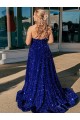 Compre Azul real línea A Un Hombre Barrer tren Lentejuelas Terciopelo Largo Vestidos de fiesta
