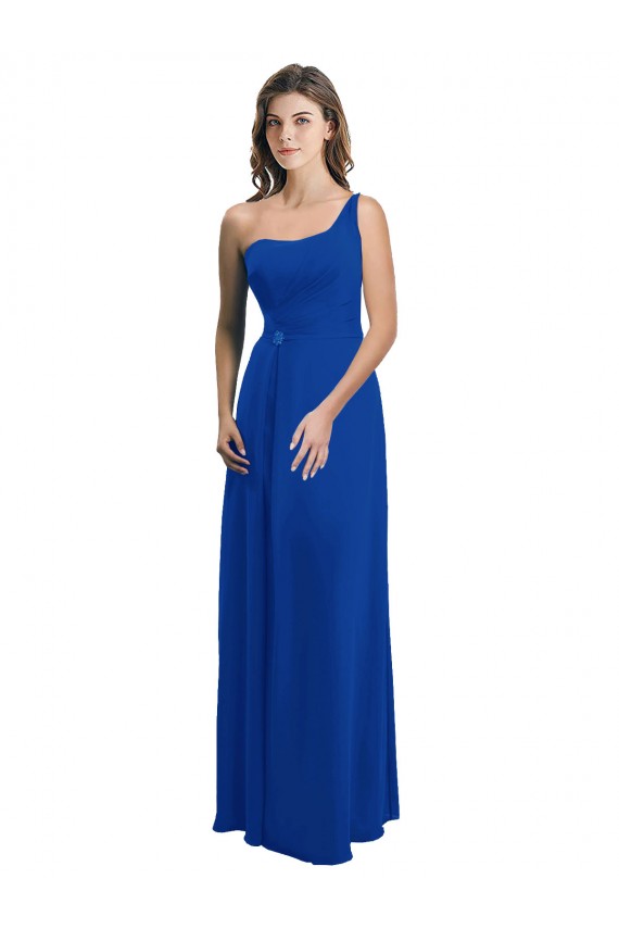 Compre Azul real línea A Un Hombre Gasa Largo Vestidos de dama de honor