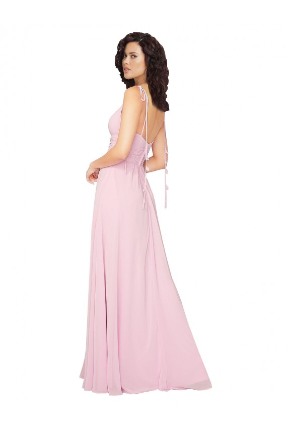 Compre Barely rosa línea A Cuello en V Gasa Largo Vestidos de dama de honor
