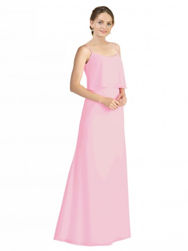 Compre Barely rosa línea A Tirantes espagueti Gasa Largo Vestidos de dama de honor