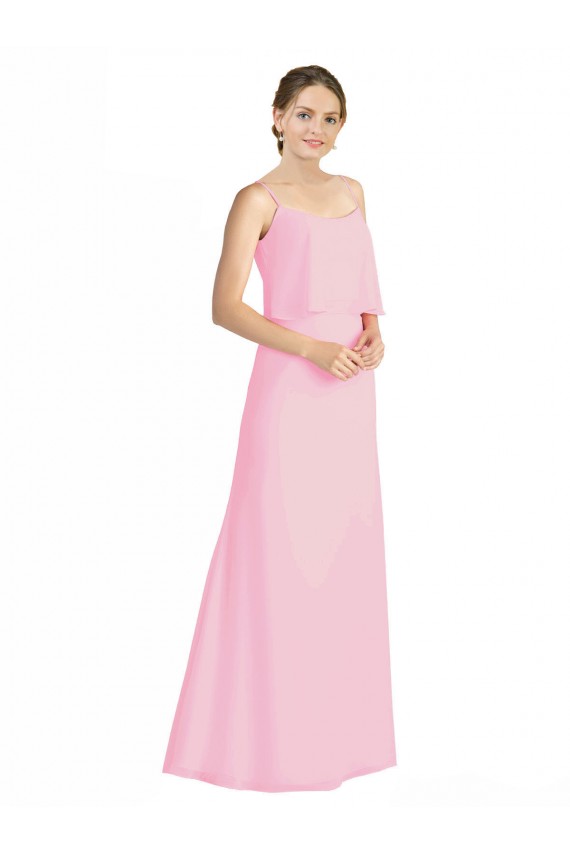Compre Barely rosa línea A Tirantes espagueti Gasa Largo Vestidos de dama de honor
