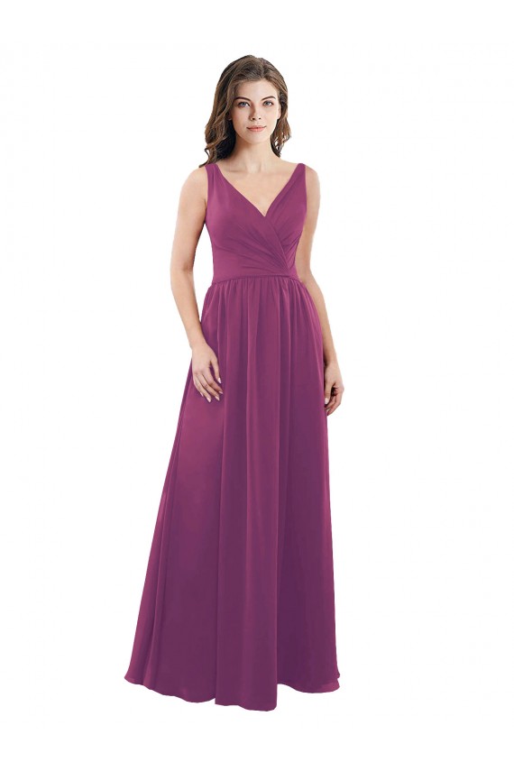 Compre Baya silvestre línea A Cuello en V Gasa Largo Vestidos de dama de honor