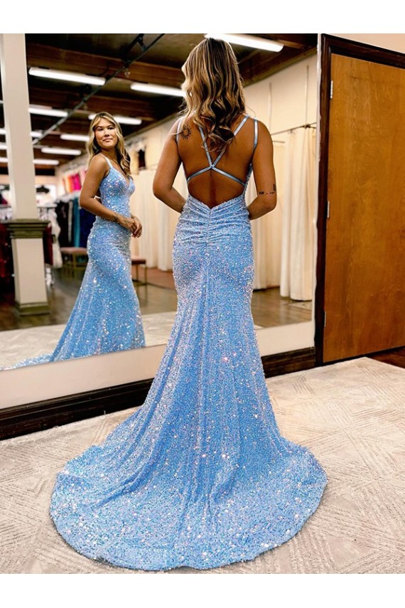 Compre Bígaro Cubierta Cuello en V Barrer tren Lentejuelas Terciopelo Largo Vestidos de fiesta