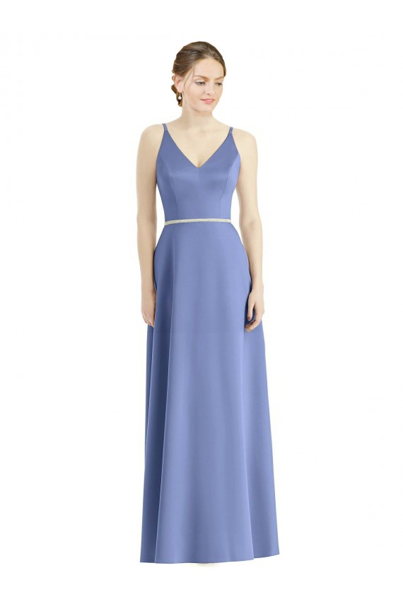 Compre Bígaro línea A Tirantes espagueti Cuello en V Satén Largo Vestidos de dama de honor