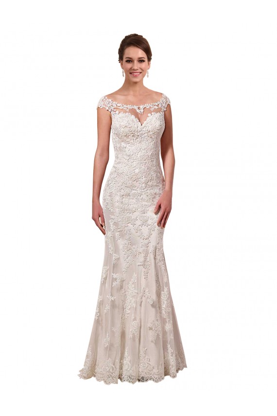 Compre Blanco Cubierta Barco Ilusión Cola capilla Encaje Vestidos de novia