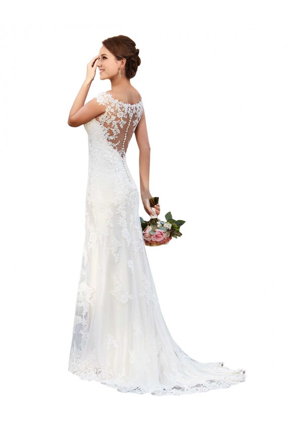 Compre Blanco Cubierta Barco Ilusión Cola capilla Encaje Vestidos de novia