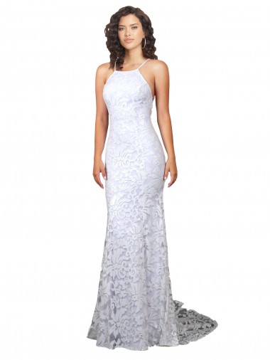 Compre Blanco Cubierta Cuello Alto Barrer tren Encaje Vestidos de novia