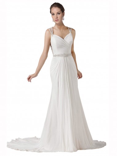 Compre Blanco Cubierta Cuello de Corazón Cola capilla Gasa Playa Vestidos de novia
