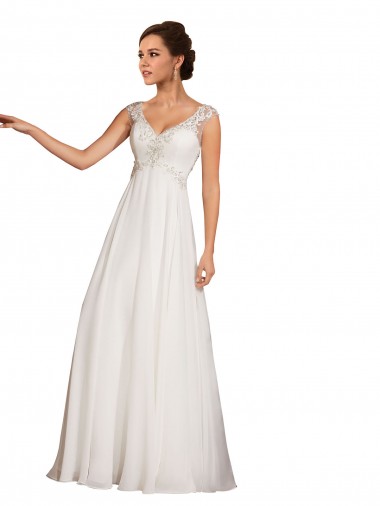 Compre Blanco Cubierta Cuello en V Cola capilla Gasa Encaje Vestidos de novia