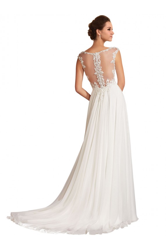 Compre Blanco Cubierta Cuello en V Cola capilla Gasa Encaje Vestidos de novia