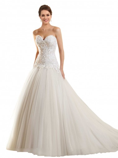Compre Blanco Cuello de Corazón Cola capilla Tul Encaje Vestidos de novia