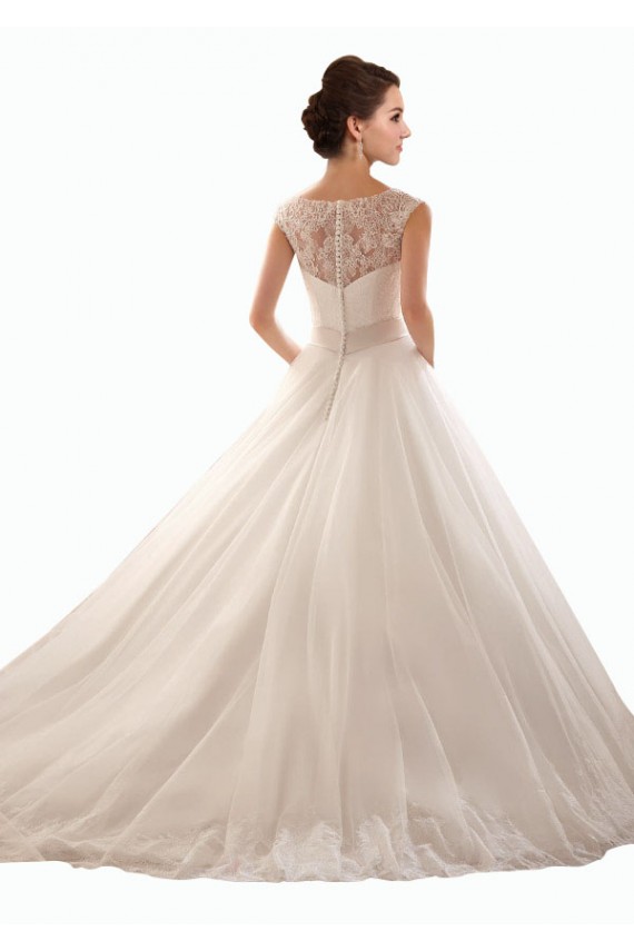 Compre Blanco Hombros Descubiertos Cola capilla Tul Encaje Vestidos de novia