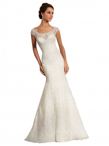 Compre Blanco Sirena Barco Cola capilla Encaje Vestidos de novia