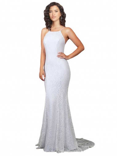 Compre Blanco Sirena Cuello Alto Barrer tren Encaje Vestidos de novia