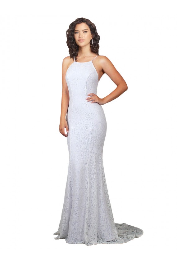 Compre Blanco Sirena Cuello Alto Barrer tren Encaje Vestidos de novia