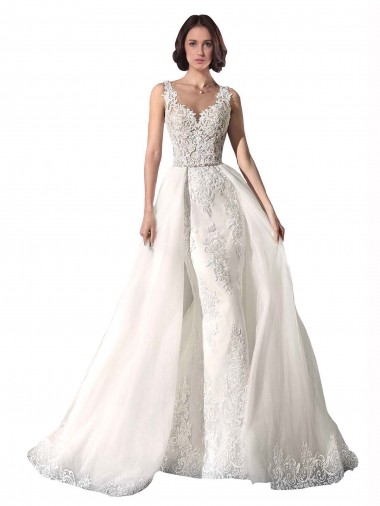 Compre Blanco Sirena Cuello de Corazón Cola capilla Tul Encaje Vestidos de novia
