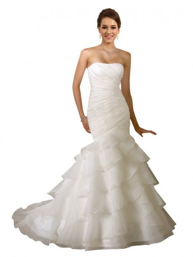 Compre Blanco Sirena Cuello de Corazón Cola capilla Tul Vestidos de novia