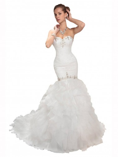 Compre Blanco Sirena Cuello de Corazón Cola capilla Tul Vestidos de novia