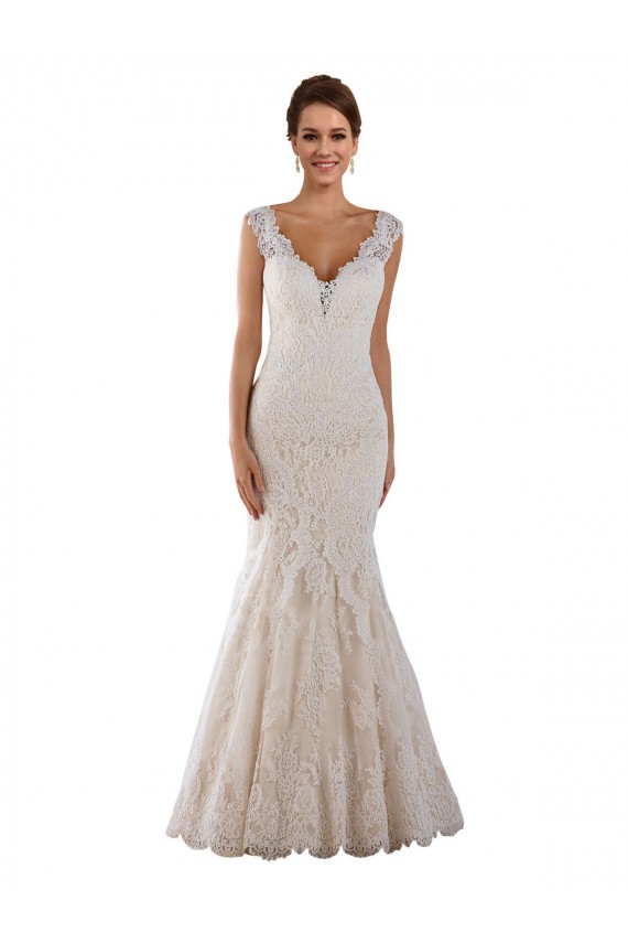 Compre Blanco Sirena Cuello en V Cola capilla Encaje Vestidos de novia