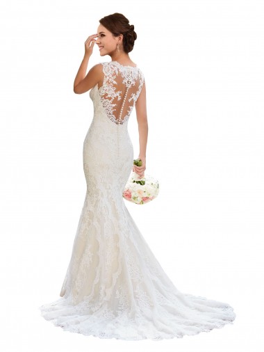 Compre Blanco Sirena Cuello en V Cola capilla Encaje Vestidos de novia
