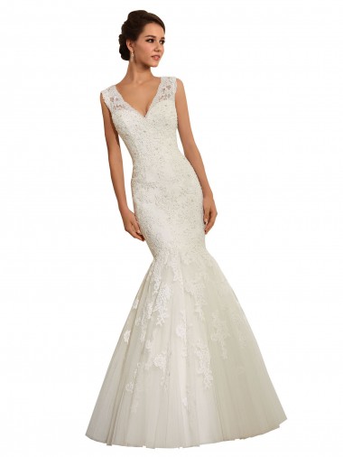 Compre Blanco Sirena Cuello en V Cola capilla Tul Encaje Vestidos de novia