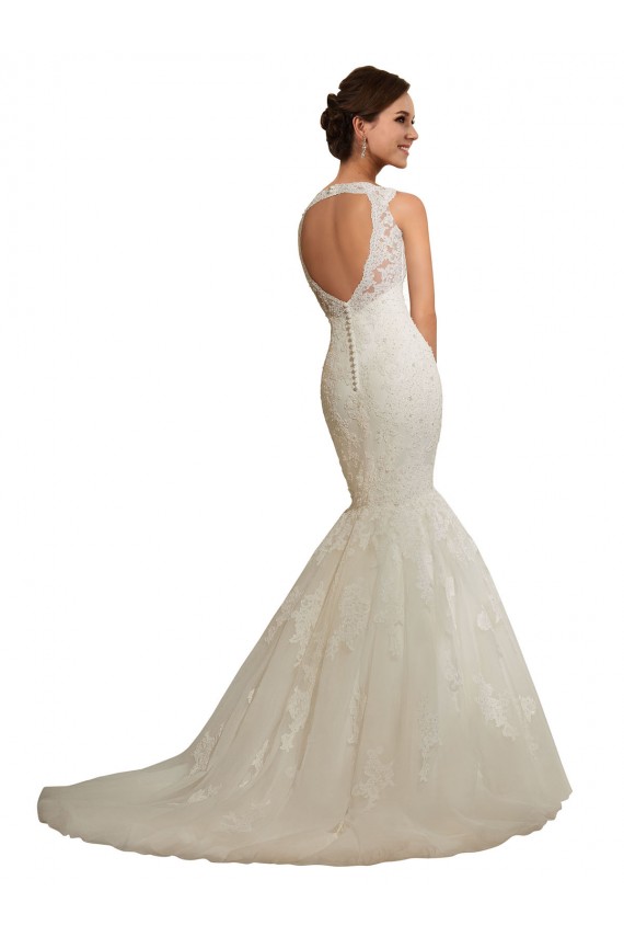Compre Blanco Sirena Cuello en V Cola capilla Tul Encaje Vestidos de novia