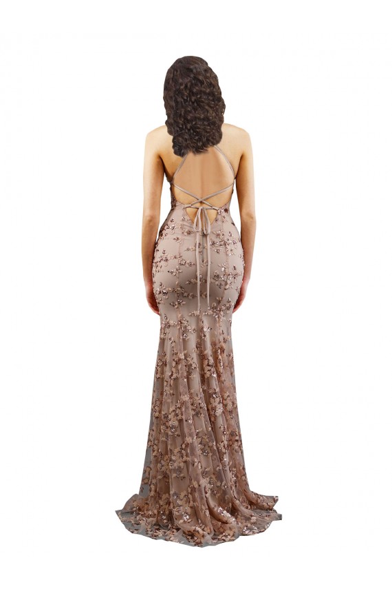 Compre Oro rosa Sirena Cuello en V Cuello Alto Crepé Elástico Lentejuela Tul Largo Formales Vestidos de dama de honor / Vestidos de fiesta