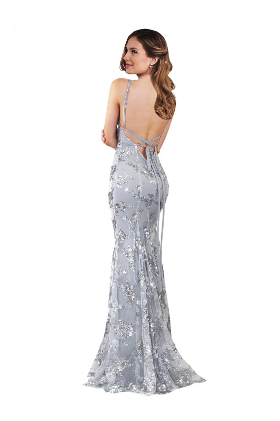 Compre Plata Sirena Cuello en V Cuello Alto Crepé Elástico Lentejuela Tul Largo Formales Vestidos de dama de honor / Vestidos de fiesta