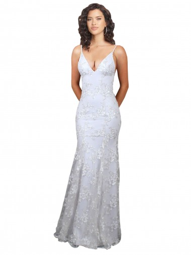 Compre Blanco Sirena Cuello en V Cuello Alto Crepé Elástico Lentejuela Tul Largo Formales Vestidos de dama de honor / Vestidos de fiesta