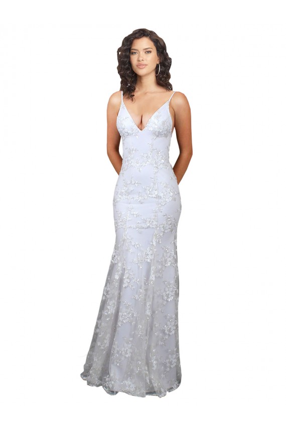 Compre Blanco Sirena Cuello en V Cuello Alto Crepé Elástico Lentejuela Tul Largo Formales Vestidos de dama de honor / Vestidos de fiesta