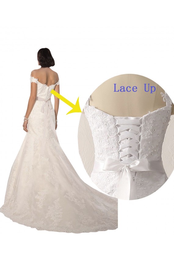 Compre Blanco Sirena Hombros Descubiertos Cola capilla Encaje Playa Vestidos de novia