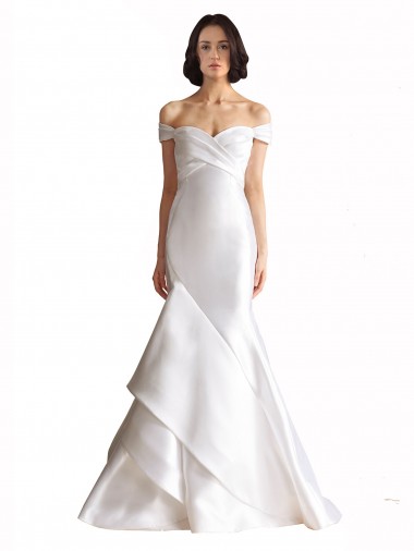 Compre Blanco Sirena Hombros Descubiertos Cola capilla Satén Playa Vestidos de novia