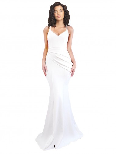 Compre Blanco Sirena Tirantes espagueti Cuello Alto Crepé Elástico Largo Formales Vestidos de dama de honor / Vestidos de fiesta