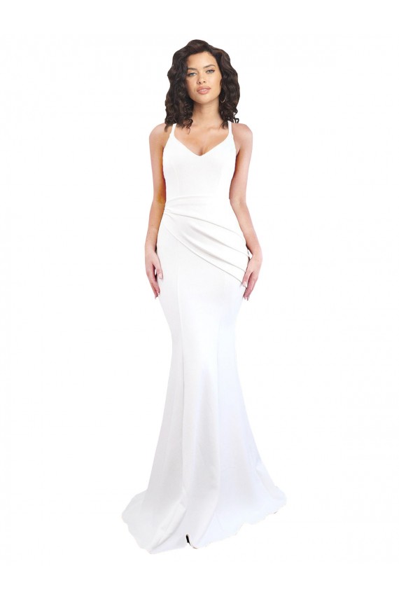 Compre Blanco Sirena Tirantes espagueti Cuello Alto Crepé Elástico Largo Formales Vestidos de dama de honor / Vestidos de fiesta